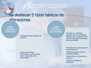 FISIOPATOLOGIA
 Se destacan 2 tipos básicos de
alteraciones
Inmediatamente después del
impacto.
Determina lesiones
funcionales o estructurales,
tanto reversibles como
irreversibles.
DAÑO
CEREBRAL
PRIMARIO
Inducido por lesiones
tisulares que se manifiestan
después de un intervalo más o
menos prolongado de tiempo
tras el accidente.
-Pérdida de la autorregulación
cerebrovascular,
-Alteraciones de la barrera
hematoencefálica,
-Edema intra y extracelular, e
isquemia.
-Cambios patológicos
sistémicos
DAÑO
CEREBRAL
SECUNDARIO
 