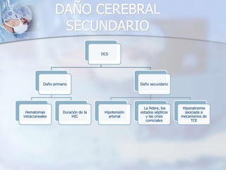 DAÑO CEREBRAL
SECUNDARIO
DCS
Daño primario
Hematomas
intracraneales
Duración de la
HIC
Daño secundario
Hipotensión
arterial
La fiebre, los
estados sépticos
y las crisis
comiciales
Hiponatremia
asociada a
mecanismos de
TCE
 