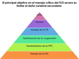 El principal objetivo en el manejo crítico del TCE severo es
limitar el daño cerebral secundario
 