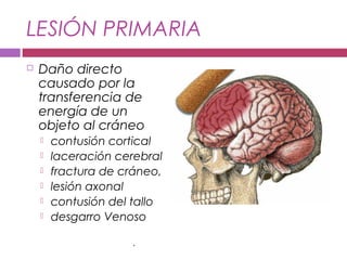 LESIÓN PRIMARIA
 Daño directo
causado por la
transferencia de
energía de un
objeto al cráneo
 contusión cortical
 laceración cerebral
 fractura de cráneo,
 lesión axonal
 contusión del tallo
 desgarro Venoso
.
 