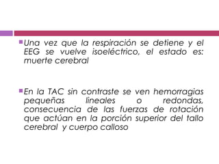 Una vez que la respiración se detiene y el
EEG se vuelve isoeléctrico, el estado es:
muerte cerebral
En la TAC sin contraste se ven hemorragias
pequeñas lineales o redondas,
consecuencia de las fuerzas de rotación
que actúan en la porción superior del tallo
cerebral y cuerpo calloso
 