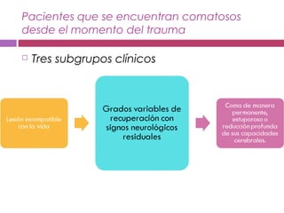 Pacientes que se encuentran comatosos
desde el momento del trauma
 Tres subgrupos clínicos
 