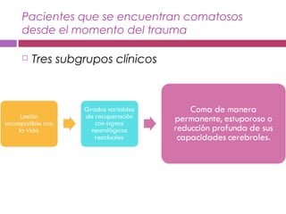 Pacientes que se encuentran comatosos
desde el momento del trauma
 Tres subgrupos clínicos
 