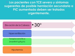  Los pacientes con TCE severo y síntomas
sugerentes de posible herniación secundaria a
PIC aumentada deben ser tratados
urgentemente.
 
