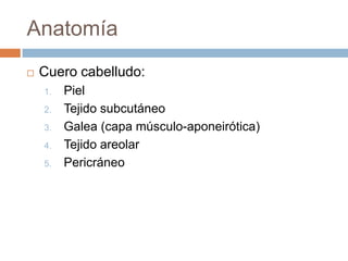 Anatomía
   Cuero cabelludo:
    1.   Piel
    2.   Tejido subcutáneo
    3.   Galea (capa músculo-aponeirótica)
    4.   Tejido areolar
    5.   Pericráneo
 