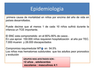 Epidemiologia
primera causa de mortalidad en niños por encima del año de vida en
países desarrollados.
Puede decirse que al menos 1 de cada 10 niños sufrirá durante la
infancia un TCE importante.
El SNC esta comprometido en el 80%-90% de casos .
En usa aproxi 150.000 niños requieren hospitalización al año por TEC.
7.000 mueren y 28.000 discapacitados
Compromiso raquimedular MT en 54.5%
Los niños mas hematomas subdurales que los adultos peor pronostico
y evolución
GRUPOS MAS AFECTADOS SON :

<2 años , adolecentes
escolares : masculinos 4:1

 