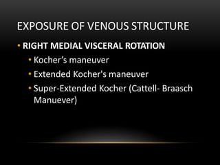 EXPOSURE OF VENOUS STRUCTURE
• RIGHT MEDIAL VISCERAL ROTATION
• Kocher’s maneuver
• Extended Kocher's maneuver
• Super-Extended Kocher (Cattell- Braasch
Manuever)
 