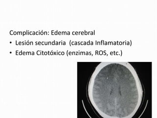 Complicación: Edema cerebral
• Lesión secundaria (cascada Inflamatoria)
• Edema Citotóxico (enzimas, ROS, etc.)
 