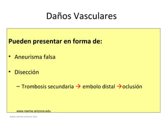 www.reeme.arizona.edu
Daños Vasculares
Pueden presentar en forma de:
• Aneurisma falsa
• Disección
– Trombosis secundaria  embolo distal oclusión
www.reeme.arizona.edu
 
