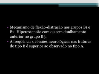 • Mecanismo de flexão-distração nos grupos B1 e
B2. Hiperextensão com ou sem cisalhamento
anterior no grupo B3.
• A freqüência de lesões neurológicas nas fraturas
do tipo B é superior ao observado no tipo A.
 
