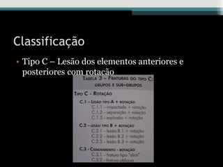 Classificação
• Tipo C – Lesão dos elementos anteriores e
posteriores com rotação
 