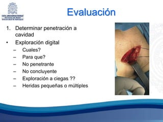 Evaluación
1. Determinar penetración a
   cavidad
• Exploración digital
  –   Cuales?
  –   Para que?
  –   No penetrante
  –   No concluyente
  –   Exploración a ciegas ??
  –   Heridas pequeñas o múltiples
 