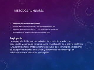 MÉTODOS AUXILIARES
• Imágenes por resonancia magnética
• Aunque la MRI ofrece un detalle y versatilidad excelentes del
• abdomen, es más costosa que la CT o la ecografía y no ofrece una
• ventaja evidente para las imágenes primarias del bazo
Angiografía
La angiografía del bazo a menudo denota el estudio arterial con
penetración y cuando se combina con la embolización de la arteria esplénica
(SAE, splenic arterial embolization) terapéutica posee múltiples aplicaciones
de este procedimiento: localización y tratamiento de hemorragia en
individuos con traumatismos y escogidos
 