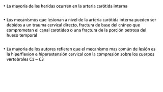 • La mayoría de las heridas ocurren en la arteria carótida interna
• Los mecanismos que lesionan a nivel de la arteria carótida interna pueden ser
debidos a un trauma cervical directo, fractura de base del cráneo que
comprometan el canal carotideo o una fractura de la porción petrosa del
hueso temporal
• La mayoria de los autores refieren que el mecanismo mas común de lesión es
la hiperflexion e hiperextensión cervical con la compresión sobre los cuerpos
vertebrales C1 – C3
 