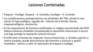 Lesiones Combinadas
• Traquea – Esofago, Traquea – A. Carotida y Esofago – A. Carotida
• Las complicaciones postoperatorias son alrededor del 74%, siendo la mas
común la fuga esofágica, segudio de.- infecion de la herida, fistulas
traqueoesofagicas, neumonías
• En las reparaciones de lesiones combinadas un colgajo vascularizado del ECM
deberá colocarse alrededor (envolviendo) la reparación visceral por si ocurre
una fuga protege la reapracion arterial cercana.
• El ECM tiene 3 fuentes de irrigación: tronco tirocervical, a. tiroidea superior y
arteria occipital, puede desinsertarse del esternón y clavicula o apofisi
mastoides , rotarse y cubrir la reparación de tráquea o esófago.
 
