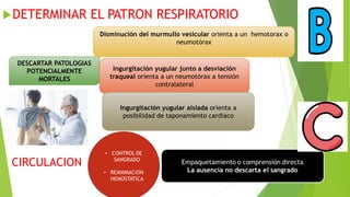 DETERMINAR EL PATRON RESPIRATORIO
DESCARTAR PATOLOGIAS
POTENCIALMENTE
MORTALES
Disminución del murmullo vesicular orienta a un hemotorax o
neumotórax
Ingurgitación yugular junto a desviación
traqueal orienta a un neumotórax a tensión
contralateral
Ingurgitación yugular aislada orienta a
posibilidad de taponamiento cardiaco
CIRCULACION
 
