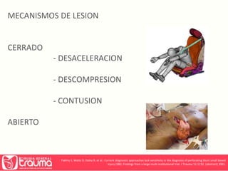 MECANISMOS DE LESION 
CERRADO 
- DESACELERACION 
- DESCOMPRESION 
- CONTUSION 
ABIERTO 
Fakhry S, Watts D, Daley B, et al.: Current diagnostic approaches lack sensitivity in the diagnosis of perforating blunt small bowel 
injury (SBI): Findings from a large multi-institutional trial. J Trauma 51:1232, (abstract) 2001. 
 