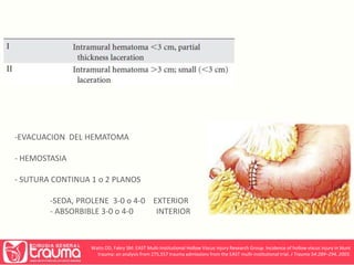 -EVACUACION DEL HEMATOMA 
- HEMOSTASIA 
- SUTURA CONTINUA 1 o 2 PLANOS 
-SEDA, PROLENE 3-0 o 4-0 EXTERIOR 
- ABSORBIBLE 3-0 o 4-0 INTERIOR 
Watts DD, Fakry SM: EAST Multi-Institutional Hollow Viscus Injury Research Group. Incidence of hollow viscus injury in blunt 
trauma: an analysis from 275,557 trauma admissions from the EAST multi-institutional trial. J Trauma 54:289–294, 2003. 
 