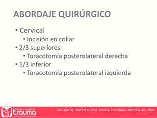 ABORDAJE QUIRÚRGICO 
• Cervical 
• Incisión en collar 
• 2/3 superiores 
• Toracotomía posterolateral derecha 
• 1/3 inferior 
• Toracotomía posterolateral izquierda 
Feliciano DV, Mattox KL et al. Trauma. 6th edition. McGraw Hill; 2008 
 