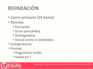 REPARACIÓN 
• Cierre primario (24 horas) 
• Parches 
• Pericardio 
• Grasa pericárdica 
• Diafragmático 
• Dorsal ancho o romboides. 
• Esofagostomía 
• Drenaje 
• Diagnóstico tardío 
• Sonda en T 
Feliciano DV, Mattox KL et al. Trauma. 6th edition. McGraw Hill; 2008 
 