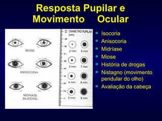 Resposta Pupilar e Movimento  Ocular Isocoria Anisocoria Midríase Miose História de drogas Nistagno (movimento pendular do olho) Avaliação da cabeça  