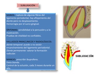 FRACTURA RADICULARMANEJO: Dientes temporales: prescribir ibuprofeno.Remover el fragmento coronal.No intentar la remoción del fragmento apical por riesgo de lesión del germen del permanente. Controles para valorar el germen del permanente y su proceso de erupción.Dientes permanentes: prescribir ibuprofeno.reducir la fractura, colocar férula rígida durante 3-4 semanas.Si no ahí sintomatología: posponer el tratamiento; control cada 2 meses.Posibles complicaciones: necrosis pulpar, reabsorción.DRA. CYNTHIA VALBUENA