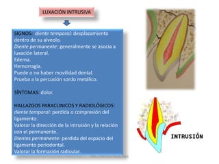 SUBLUXACIÓNSIGNOS:  ruptura de algunas fibras del ligamento periodontal, hay aflojamiento del diente pero no desplazamiento.Hemorragia por el surco gingival.SÍNTOMAS:sensibilidad a la percusión y a la masticación.Pruebas de vitalidad no confiables.HALLAZGOS PARACLINICOS Y RADIOLÓGICOS: diente temporal: puede o no existir ensanchamiento del ligamento periodontal.Diente permanente: valorar la formación radicular.MANEJO: prescribir ibuprofeno.Dieta blanda.Control de la oclusión, cada 3 meses durante un año.DRA. CYNTHIA VALBUENA
