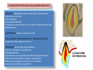 LUXACIÓN LATERALMANEJO: prescribir ibuprofeno.Terapia física frio calor.Dientes temporales: valorar la fractura de la cavidad alveolar, cercanía y relación con el germen.Interferencia de la oclusión.Control cada 3 meses por un año.Dientes permanentes: reposicionar el diente.Suturar.Férula semirrígida durante 7 a 10 dias, si hay fractura ósea durante 4 semanas.Valorar vitalidad pulpar y formación radicular.Si hay sintomatología de necrosis: terapia con Ca(OH)2 o endodoncia.Control cada 3 meses durante 3 años.DRA. CYNTHIA VALBUENA