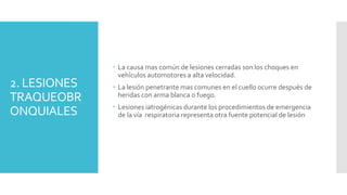 2. LESIONES
TRAQUEOBR
ONQUIALES
 La causa mas común de lesiones cerradas son los choques en
vehículos automotores a alta velocidad.
 La lesión penetrante mas comunes en el cuello ocurre después de
heridas con arma blanca o fuego.
 Lesiones iatrogénicas durante los procedimientos de emergencia
de la vía respiratoria representa otra fuente potencial de lesión
 