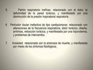 5. Patrón respiratorio ineficaz, relacionado con el dolor, la
deformidad de la pared torácica, y manifestado por una
disminución de la presión inspiratoria/ espiratoria
6 Perfusión tisular inefectiva de tipo cardipulmonar, relacionado con
alteraciones de la frecuencia respiratoria, dolor torácico, diseña,
arritmias, retracción torácica, y manifestado por una hipovolemia,
y problemas de intercambio.
7. Ansiedad relacionada con la amenaza de muerte, y manifestada
por miedo de los síntomas fisiológicos.
 