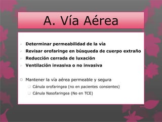 A. Vía Aérea
 Determinar permeabilidad de la vía
 Revisar orofaringe en búsqueda de cuerpo extraño
 Reducción cerrada de luxación
 Ventilación invasiva o no invasiva
 Mantener la vía aérea permeable y segura
 Cánula orofaringea (no en pacientes consientes)
 Cánula Nasofaringea (No en TCE)
 