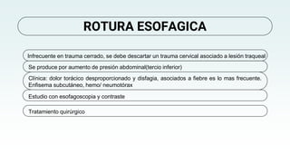 ROTURA ESOFAGICA
Infrecuente en trauma cerrado, se debe descartar un trauma cervical asociado a lesión traqueal
Se produce por aumento de presión abdominal(tercio inferior)
Clínica: dolor torácico desproporcionado y disfagia, asociados a fiebre es lo mas frecuente.
Enfisema subcutáneo, hemo/ neumotórax
Tratamiento quirúrgico
Estudio con esofagoscopia y contraste
 