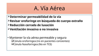 A. Vía Aérea
Determinar permeabilidad de la vía
Revisar orofaringe en búsqueda de cuerpo extraño
Reducción cerrada de luxación
Ventilación invasiva o no invasiva
• Mantener la vía aérea permeable y segura
Cánula orofaringea (no en pacientes consientes)
Cánula Nasofaringea (No en TCE)
 