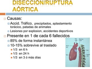  Causas:
 Accid. Tráfico, precipitados, aplastamiento
torácico, patadas de animales
 Lesiones por explosion, accidentes deportivos
 Presente en 1 de cada 6 fallecidos
 85% de forma instantánea
 10-15% sobrevive al traslado
 1/3 en 6 h
 1/3 en 24 h
 1/3 en 3 ó más días
 