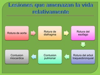 Rotura de aorta
Rotura de
diafragma
Rotura del
esofago
Rotura del arbol
traqueobronquial
Contusion
pulmonar
Contusion
miocardica
 