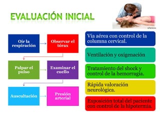 Oír la
respiración
Observar el
tórax
Palpar el
pulso
Examinar el
cuello
Auscultación
Presión
arterial
Vía aérea con control de la
columna cervical.
Ventilación y oxigenación
Tratamiento del shock y
control de la hemorragia.
Rápida valoración
neurológica.
Exposición total del paciente
con control de la hipotermia.
 