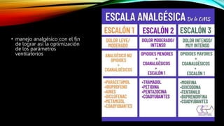 • manejo analgésico con el fin
de lograr así la optimización
de los parámetros
ventilatorios
 