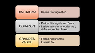 • Hernia Diafragmática.DIAFRAGMA
• Pericarditis aguda o crónica.
• Lesión valvular, aneurismas y
defectos ventriculares.
CORAZON
• Falsos Aneurismas.
• Fistulas AV.
GRANDES
VASOS
 