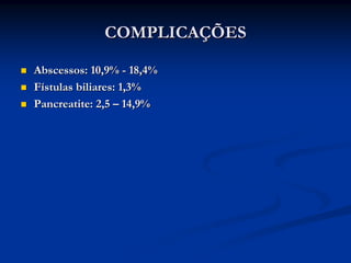 COMPLICAÇÕES

Abscessos: 10,9% - 18,4%
Fístulas biliares: 1,3%
Pancreatite: 2,5 – 14,9%
 