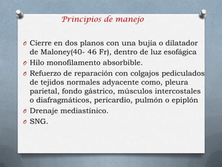 O Cierre en dos planos con una bujía o dilatador
de Maloney(40- 46 Fr), dentro de luz esofágica
O Hilo monofilamento absorbible.
O Refuerzo de reparación con colgajos pediculados
de tejidos normales adyacente como, pleura
parietal, fondo gástrico, músculos intercostales
o diafragmáticos, pericardio, pulmón o epiplón
O Drenaje mediastínico.
O SNG.
Principios de manejo
 