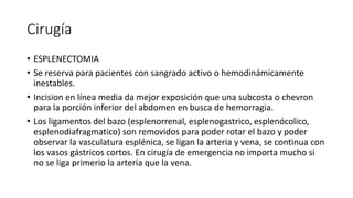 Cirugía
• ESPLENECTOMIA
• Se reserva para pacientes con sangrado activo o hemodinámicamente
inestables.
• Incision en línea media da mejor exposición que una subcosta o chevron
para la porción inferior del abdomen en busca de hemorragia.
• Los ligamentos del bazo (esplenorrenal, esplenogastrico, esplenócolico,
esplenodiafragmatico) son removidos para poder rotar el bazo y poder
observar la vasculatura esplénica, se ligan la arteria y vena, se continua con
los vasos gástricos cortos. En cirugía de emergencia no importa mucho si
no se liga primerio la arteria que la vena.
 