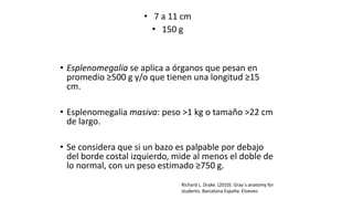 • 7 a 11 cm
• 150 g
• Esplenomegalia se aplica a órganos que pesan en
promedio ≥500 g y/o que tienen una longitud ≥15
cm.
• Esplenomegalia masiva: peso >1 kg o tamaño >22 cm
de largo.
• Se considera que si un bazo es palpable por debajo
del borde costal izquierdo, mide al menos el doble de
lo normal, con un peso estimado ≥750 g.
Richard L. Drake. (2010). Gray´s anatomy for
students. Barcelona España: Elsevier.
 
