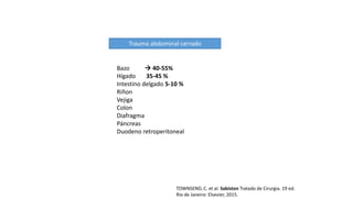 Trauma abdominal cerrado
Bazo  40-55%
Hígado 35-45 %
Intestino delgado 5-10 %
Riñon
Vejiga
Colon
Diafragma
Páncreas
Duodeno retroperitoneal
TOWNSEND, C. et al. Sabiston Tratado de Cirurgia. 19 ed.
Rio de Janeiro: Elsevier, 2015.
 