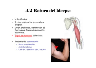 4.2 Rotura del biceps:
• > de 40 años
• A nivel proximal de la corredera
bicipital.
• Dolor, chasquido, disminución de
fuerza para flexión de pronación,
equimosis.
• Signo del hachazo, bola caída.
• Tratamiento: conservador
– Brazo en cabestrillo
– Antinflamatorios
– Citar en 3 semanas cext. Trauma.
 