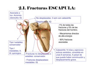 2.1. Fracturas ESCAPULA:
-1% de todas las
fracturas y 5% de las
fracturas del hombro.
- Mecanismos directos
de alta energía
- 90% fracturas
asociadas
50%
25%
10%
7%
7%
Cabestrillo 14 días y ejercicios
activos asistidos, consolida en
unas 6 semanas. A pesar de
que pueda haber conminución y
desplazamiento grave.
Tipo I estables:
conservador
Tipo I
inestables, II,
III: quirúrgico -Fracturas no desplazadas o
estables: conservador.
- Fracturas desplazadaso
inestables: IQ
No desplazadas: 3 sem con cabestrillo
Desplazadas: IQ
Asociada a
lux. Acromio-
claviculra: IQ
 