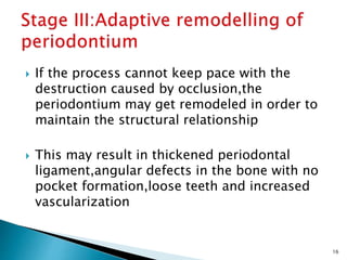  If the process cannot keep pace with the
destruction caused by occlusion,the
periodontium may get remodeled in order to
maintain the structural relationship
 This may result in thickened periodontal
ligament,angular defects in the bone with no
pocket formation,loose teeth and increased
vascularization
16
 