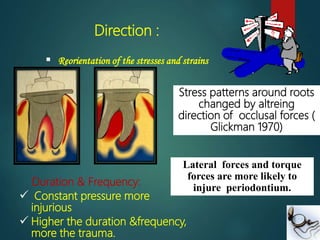Stress patterns around roots
changed by altreing
direction of occlusal forces (
Glickman 1970)
Lateral forces and torque
forces are more likely to
injure periodontium.
Direction :
 Reorientation of the stresses and strains
Duration & Frequency:
 Constant pressure more
injurious
 Higher the duration &frequency,
more the trauma.
 