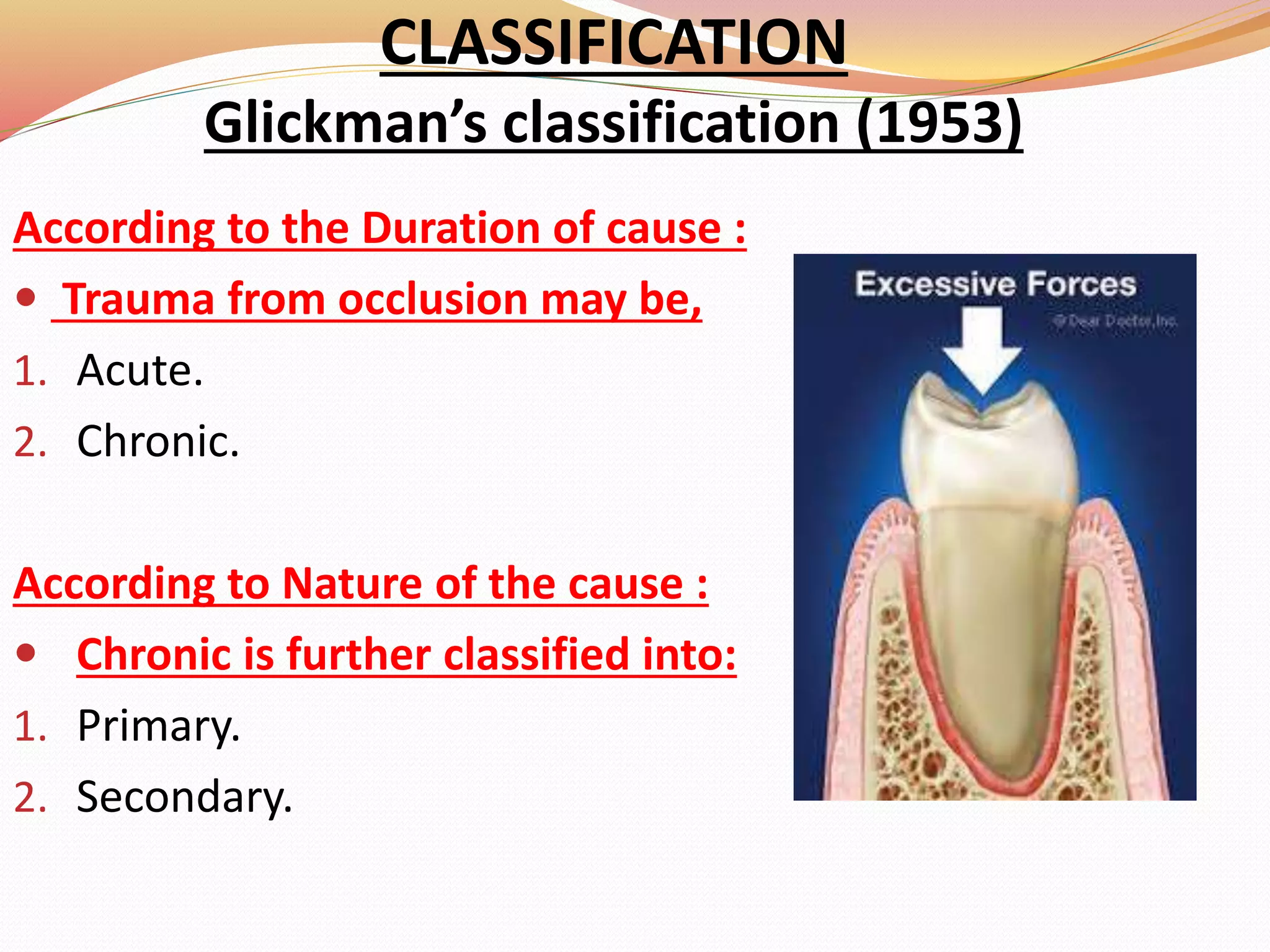 CLASSIFICATION
Glickman’s classification (1953)
According to the Duration of cause :
 Trauma from occlusion may be,
1. Acute.
2. Chronic.
According to Nature of the cause :
 Chronic is further classified into:
1. Primary.
2. Secondary.
 