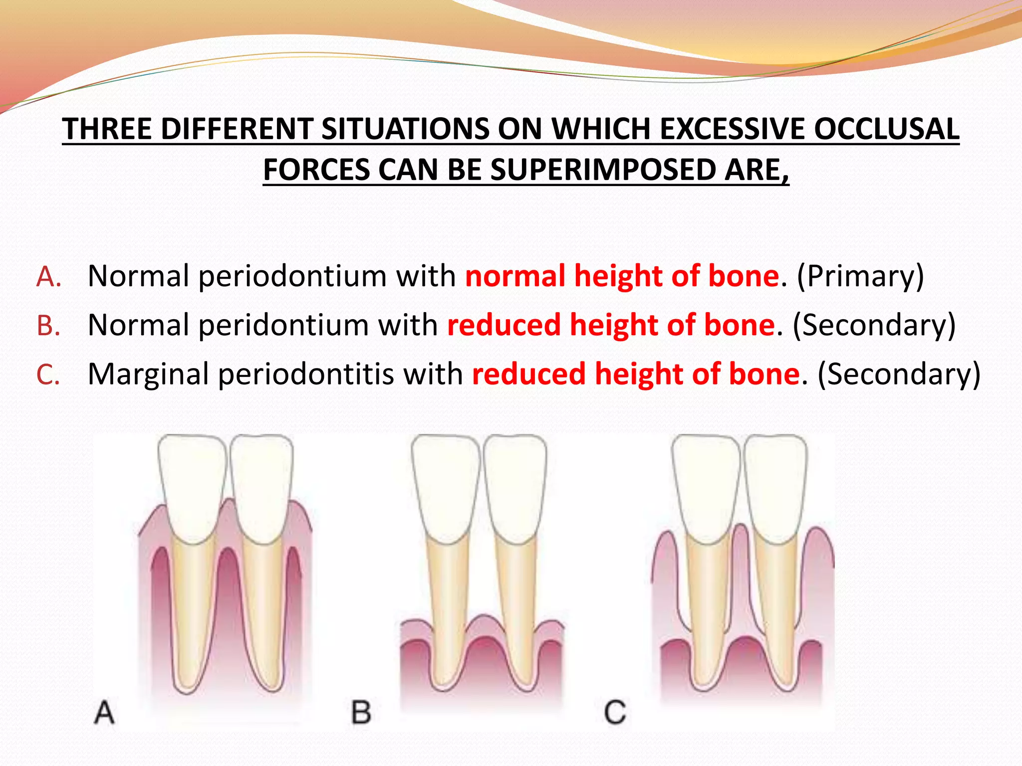 THREE DIFFERENT SITUATIONS ON WHICH EXCESSIVE OCCLUSAL
FORCES CAN BE SUPERIMPOSED ARE,
A. Normal periodontium with normal height of bone. (Primary)
B. Normal peridontium with reduced height of bone. (Secondary)
C. Marginal periodontitis with reduced height of bone. (Secondary)
 