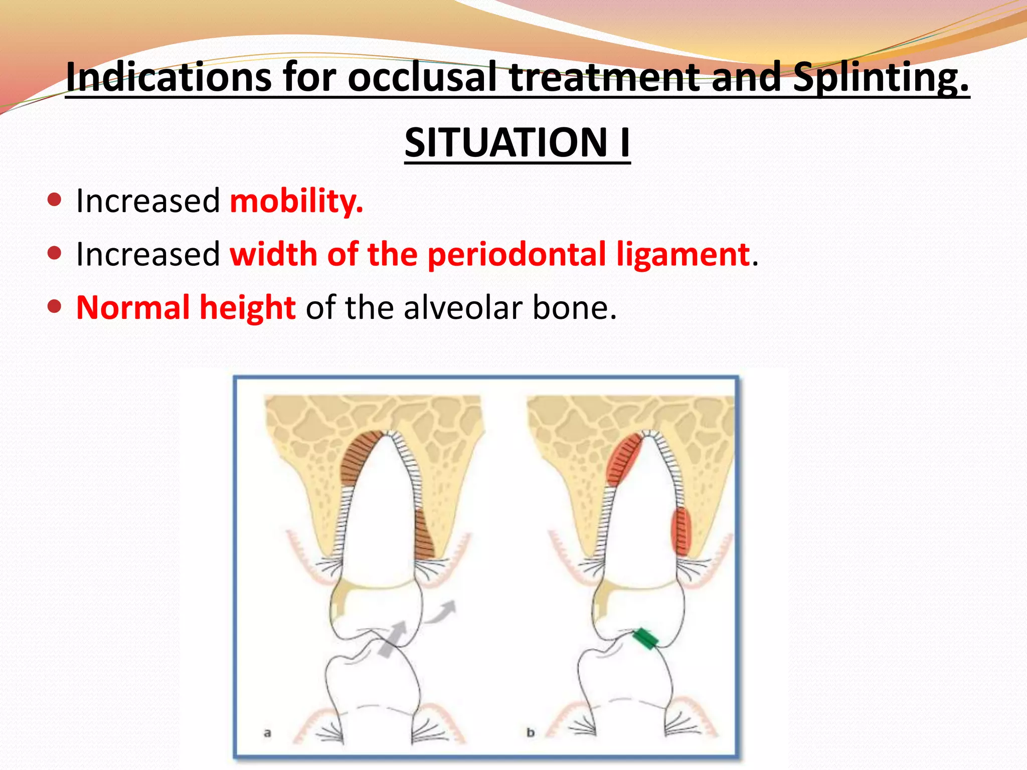Indications for occlusal treatment and Splinting.
SITUATION I
 Increased mobility.
 Increased width of the periodontal ligament.
 Normal height of the alveolar bone.
 